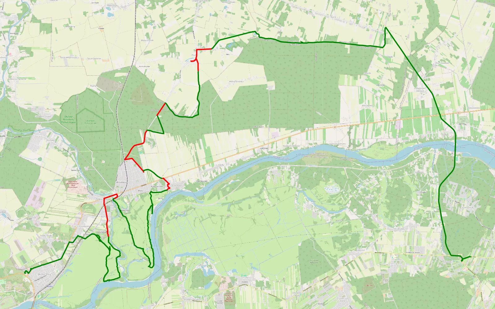 Mapa trasy Poniatów - Modlin - 37.8 km trasy offroad, Powiat Nowodworski