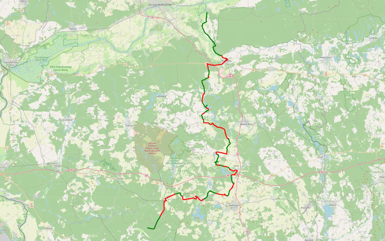 Map of TET Polen 2026 Tag2 - 104.5 km offroad trail, Międzyrzecz County