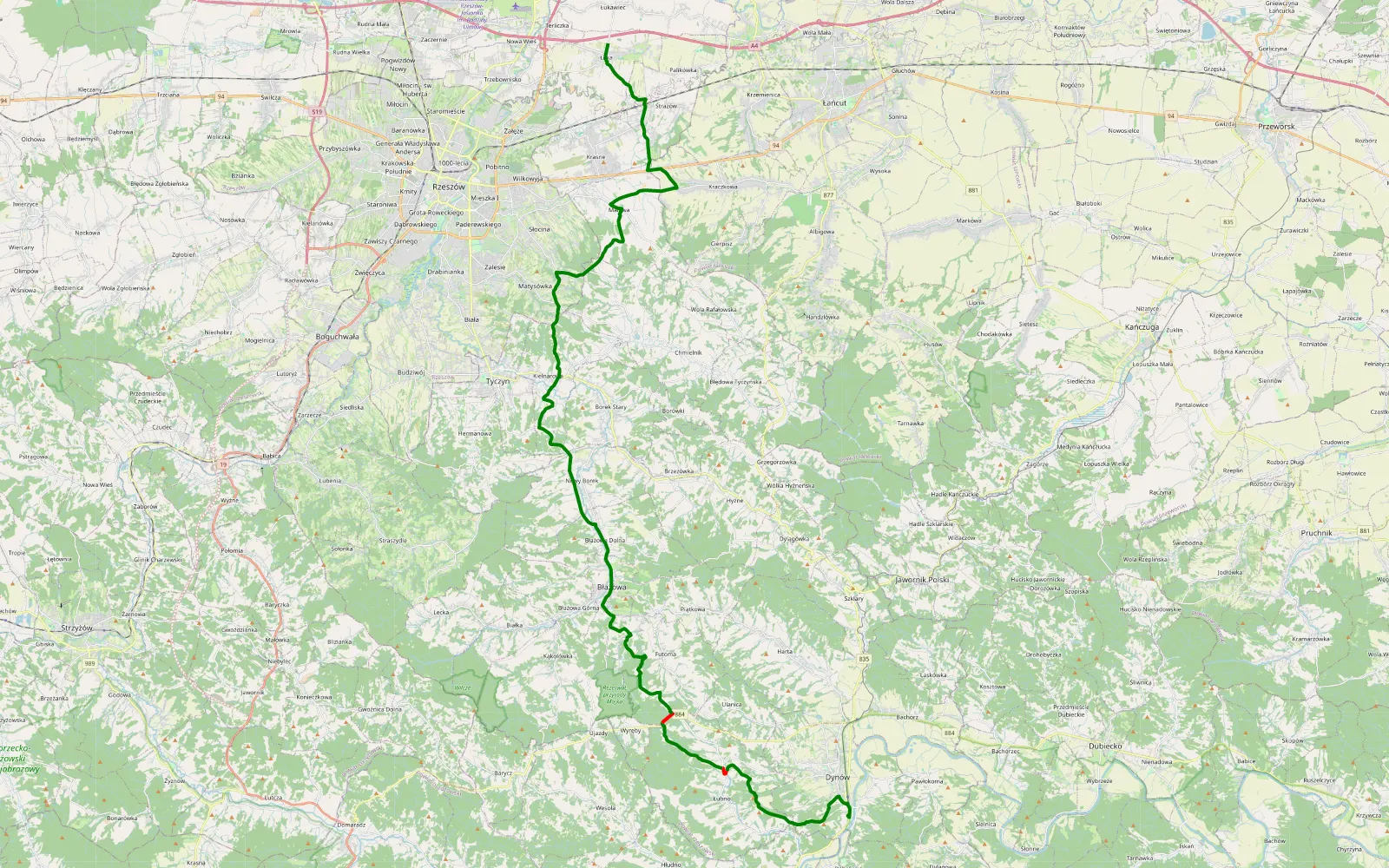 Mapa trasy Bartkówka - Łąka - 17.1 km trasy offroad, Powiat Rzeszowski