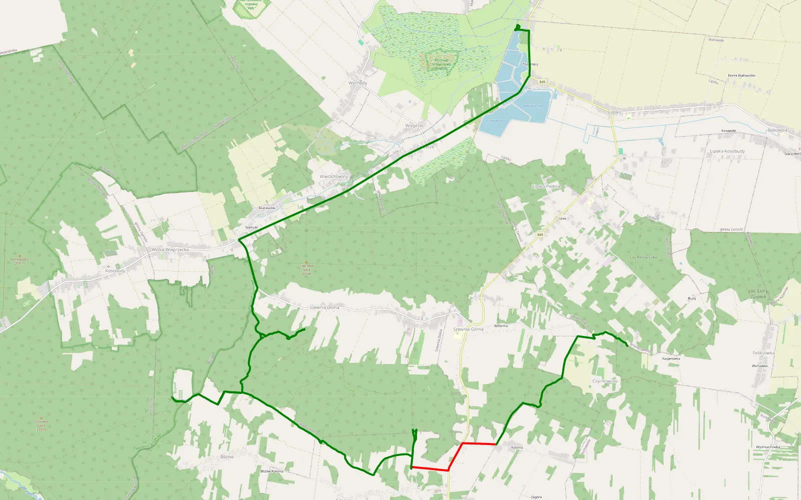 Mapa trasy Czarnowoda - Żdanówek - 17.1 km trasy offroad, Powiat Zamojski