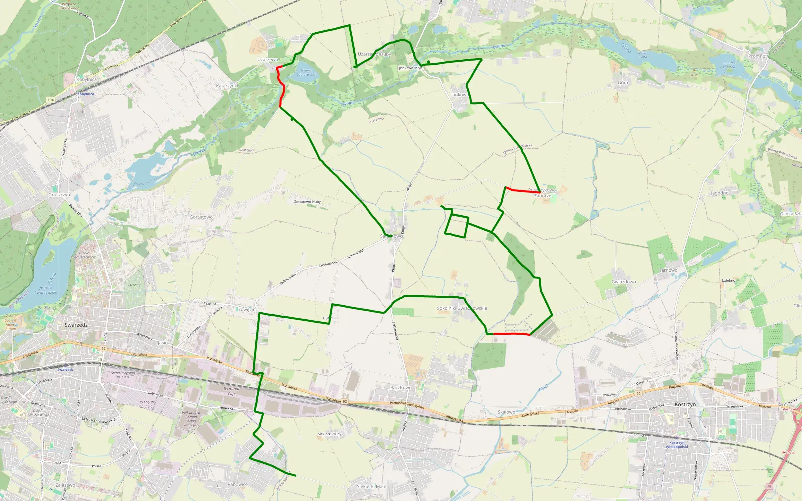 Mapa trasy Rabowice - Sarbinowo - 22.8 km trasy offroad, Powiat Poznański