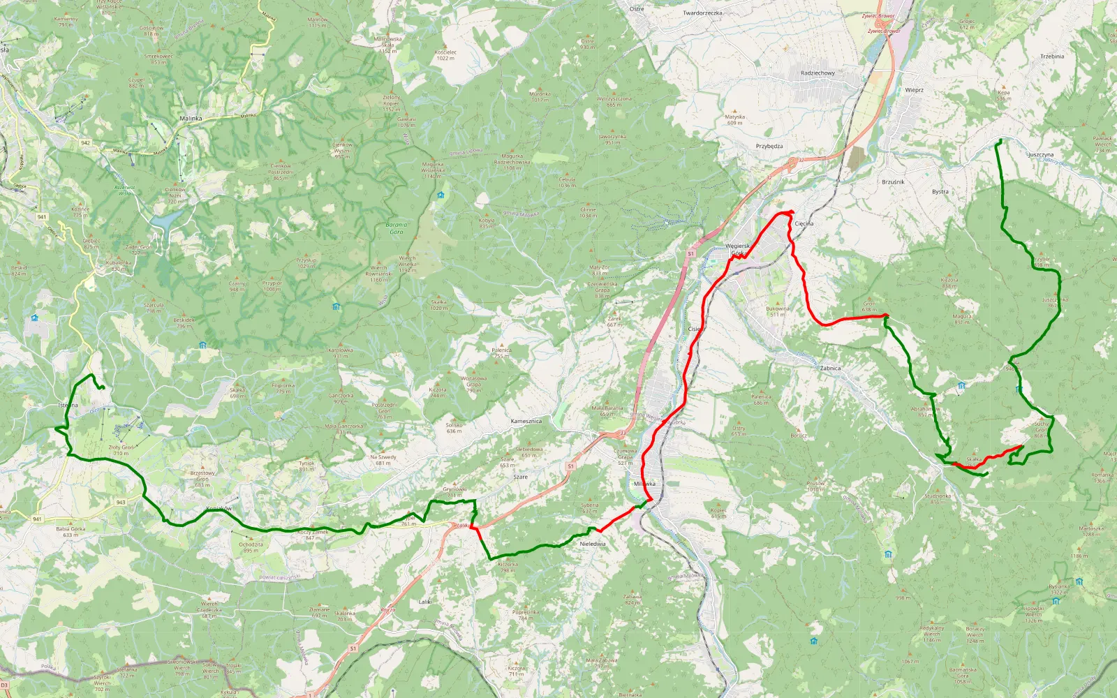 Mapa trasy Andziełówka - Górska Stacja Turystyczna Słowianka - Juszczyna - 45.9 km trasy offroad, Powiat Żywiecki