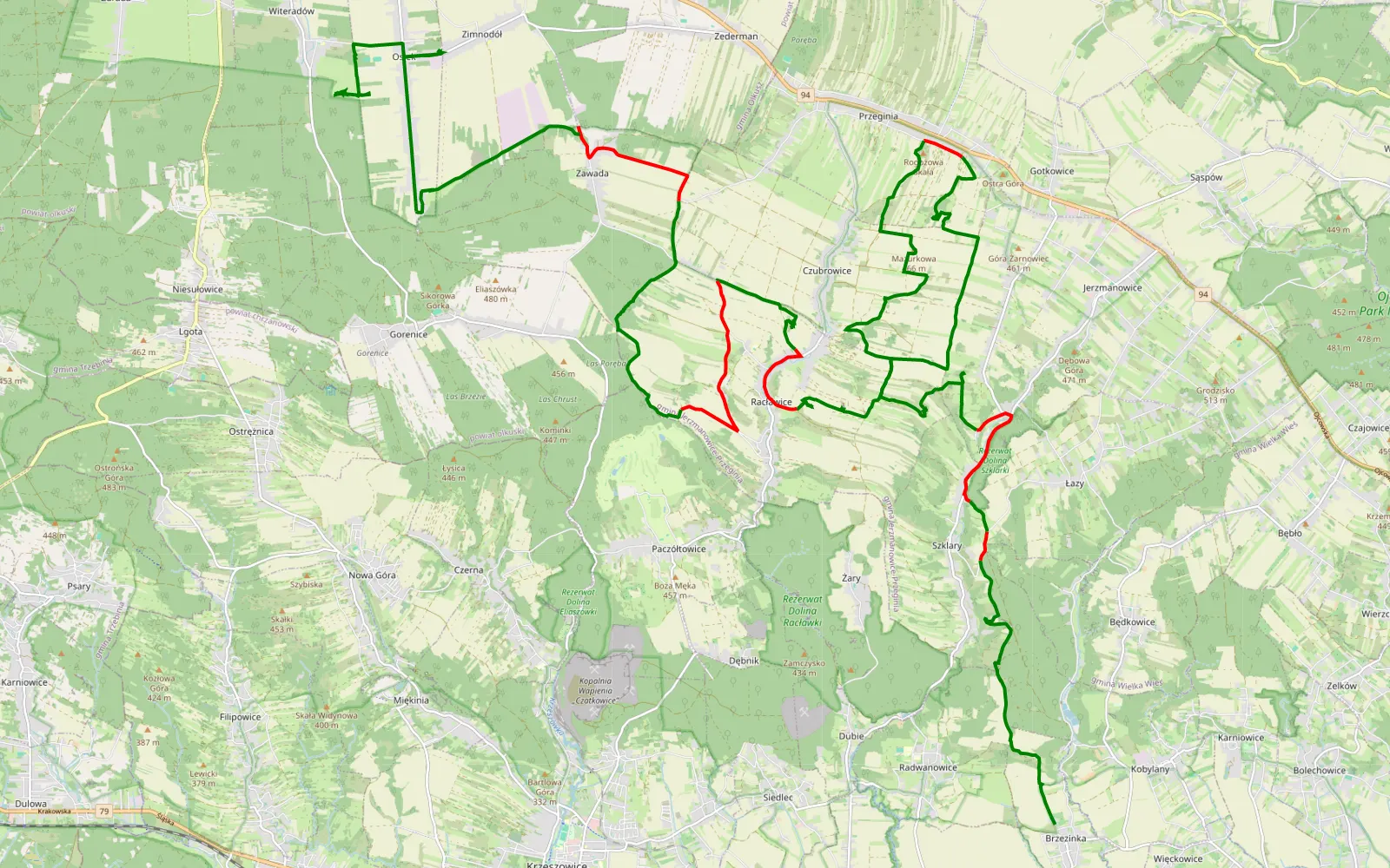 Mapa trasy Brzezinka - Osiek - 44.2 km trasy offroad, Powiat Krakowski
