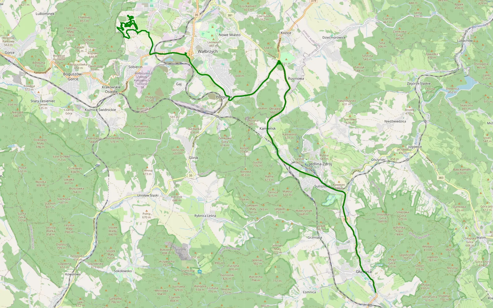 Mapa trasy Biały Kamień - Jedlinka Gorna - 6.7 km trasy offroad, Wałbrzych