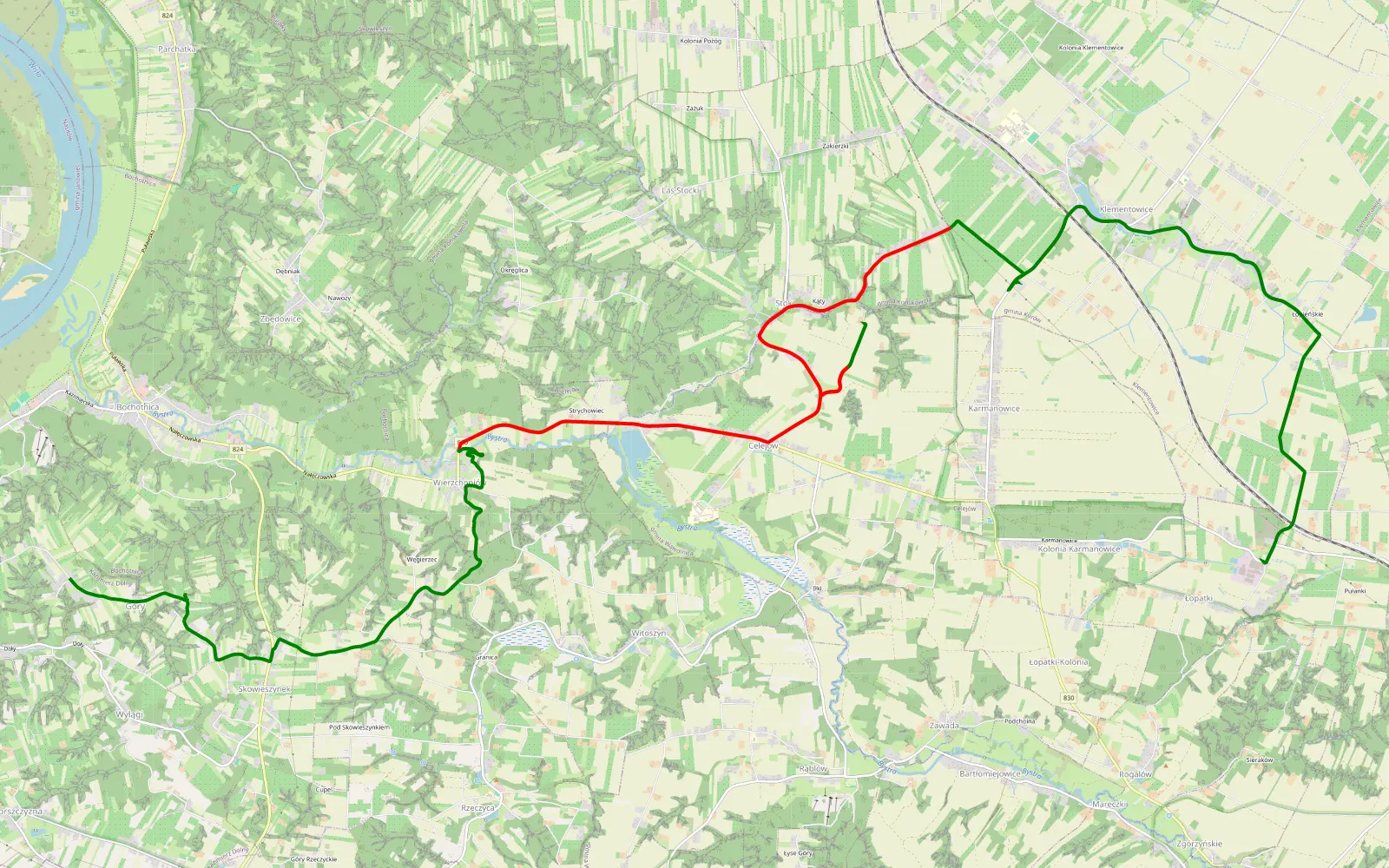 Mapa trasy Wylągi - Łopatki - 11.8 km trasy offroad, Powiat Puławski