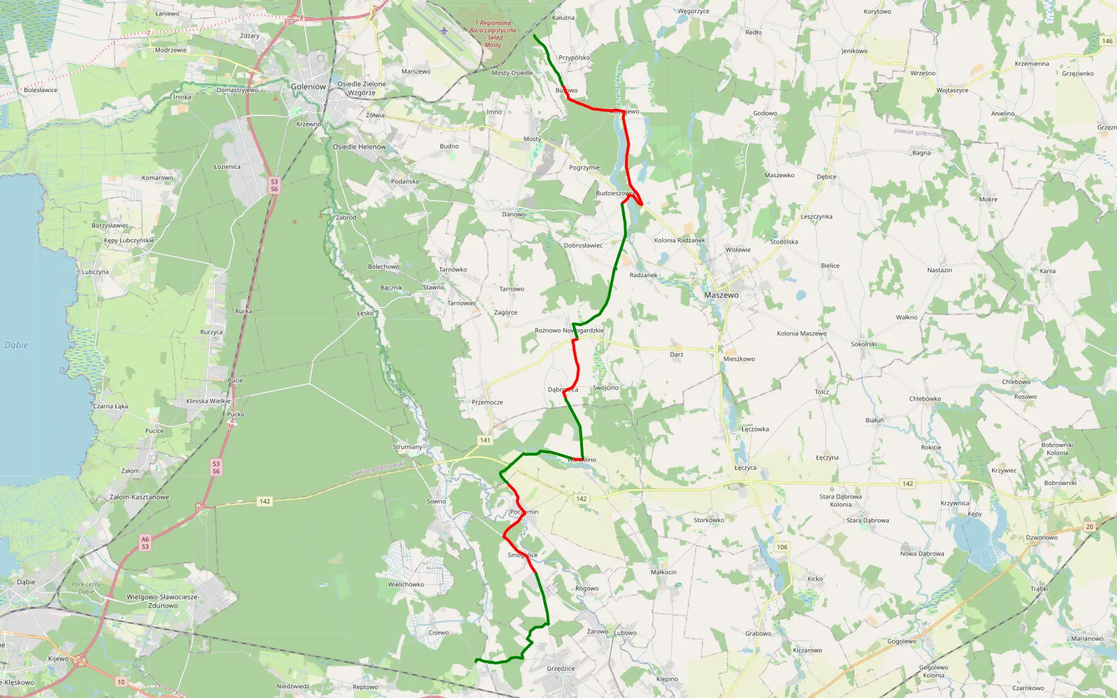 Mapa trasy Tor 4x4 zachodniopomorskie - 34.9 km trasy offroad, Powiat Goleniowski