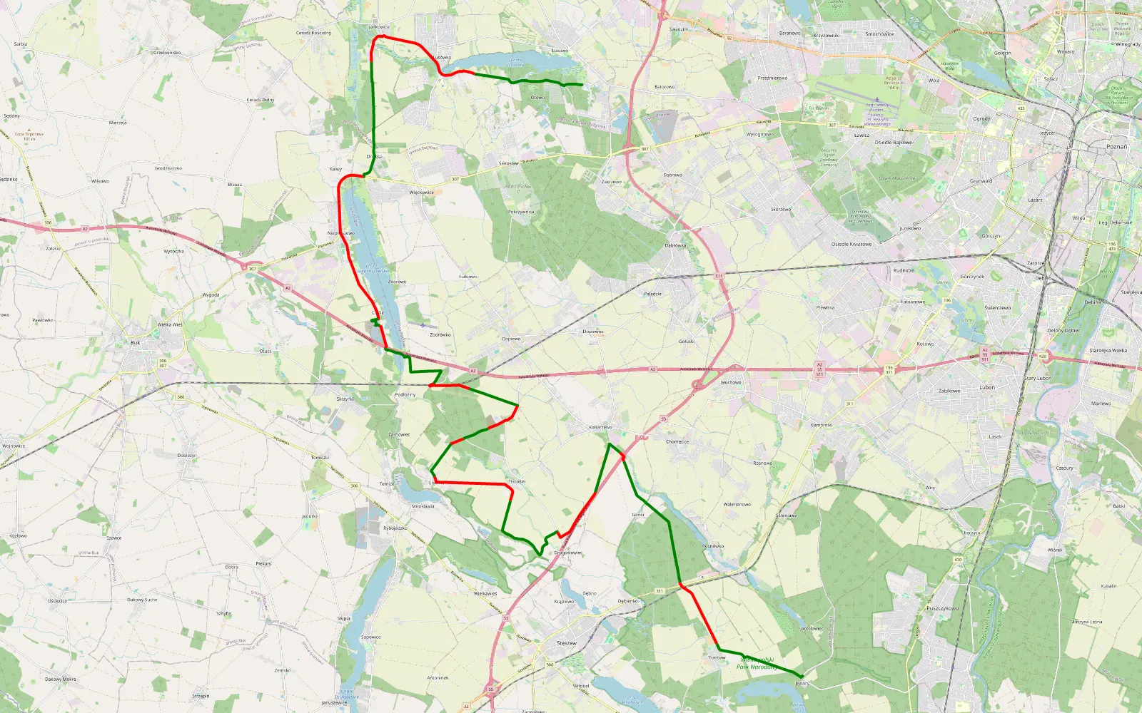 Mapa trasy Lusowo - Trzebaw - 44.7 km trasy offroad, Powiat Poznański