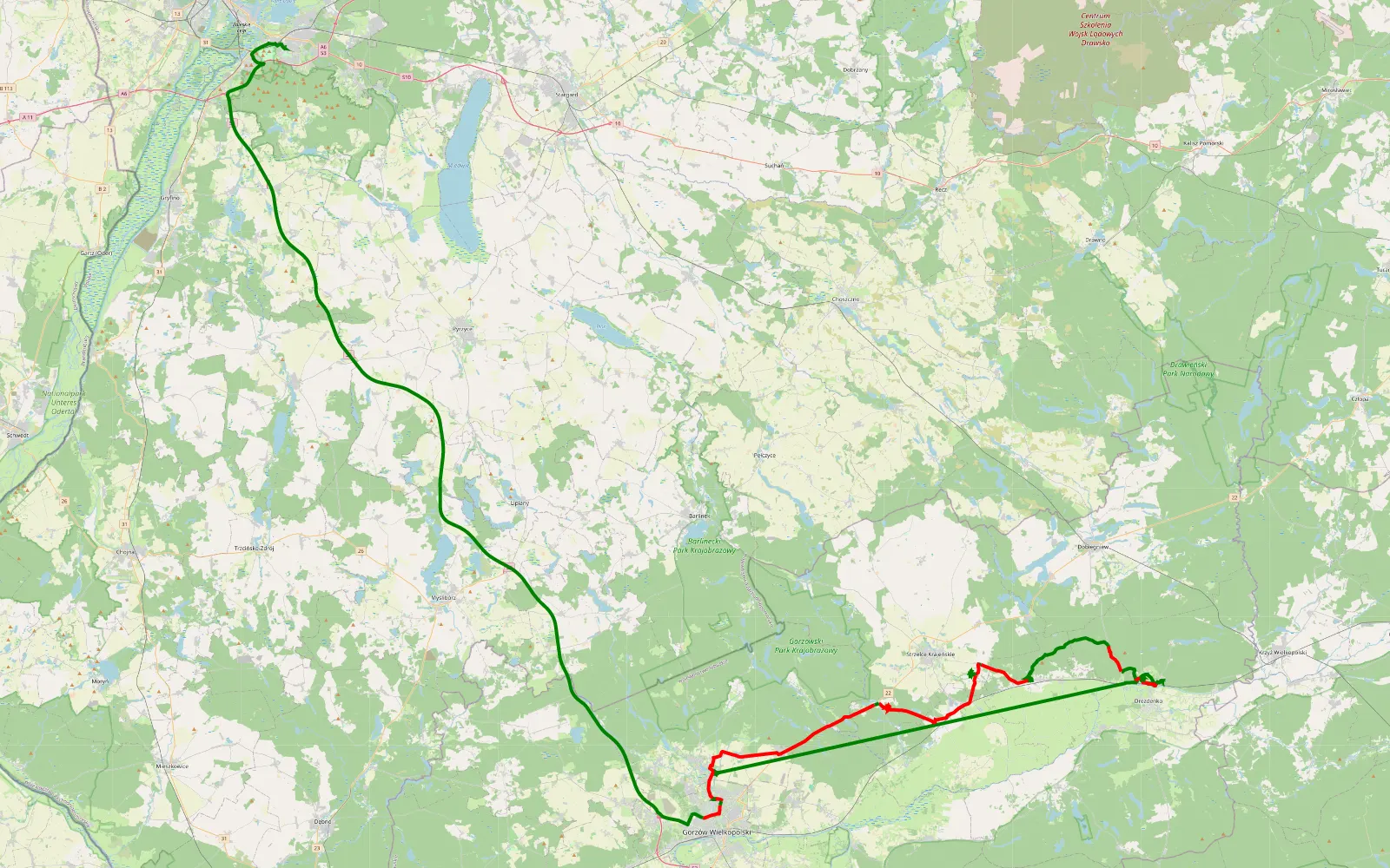 Mapa trasy Kłodawa - Słoneczne - 76.8 km trasy offroad, Powiat Strzelecko-drezdenecki