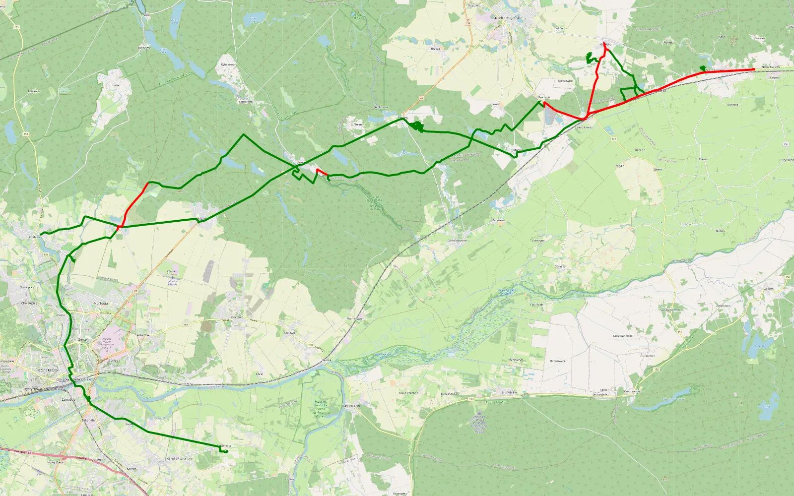 Map of Kłodawa - Ciecierzyce - 63.8 km offroad trail, Strzelce-Drezdenko County