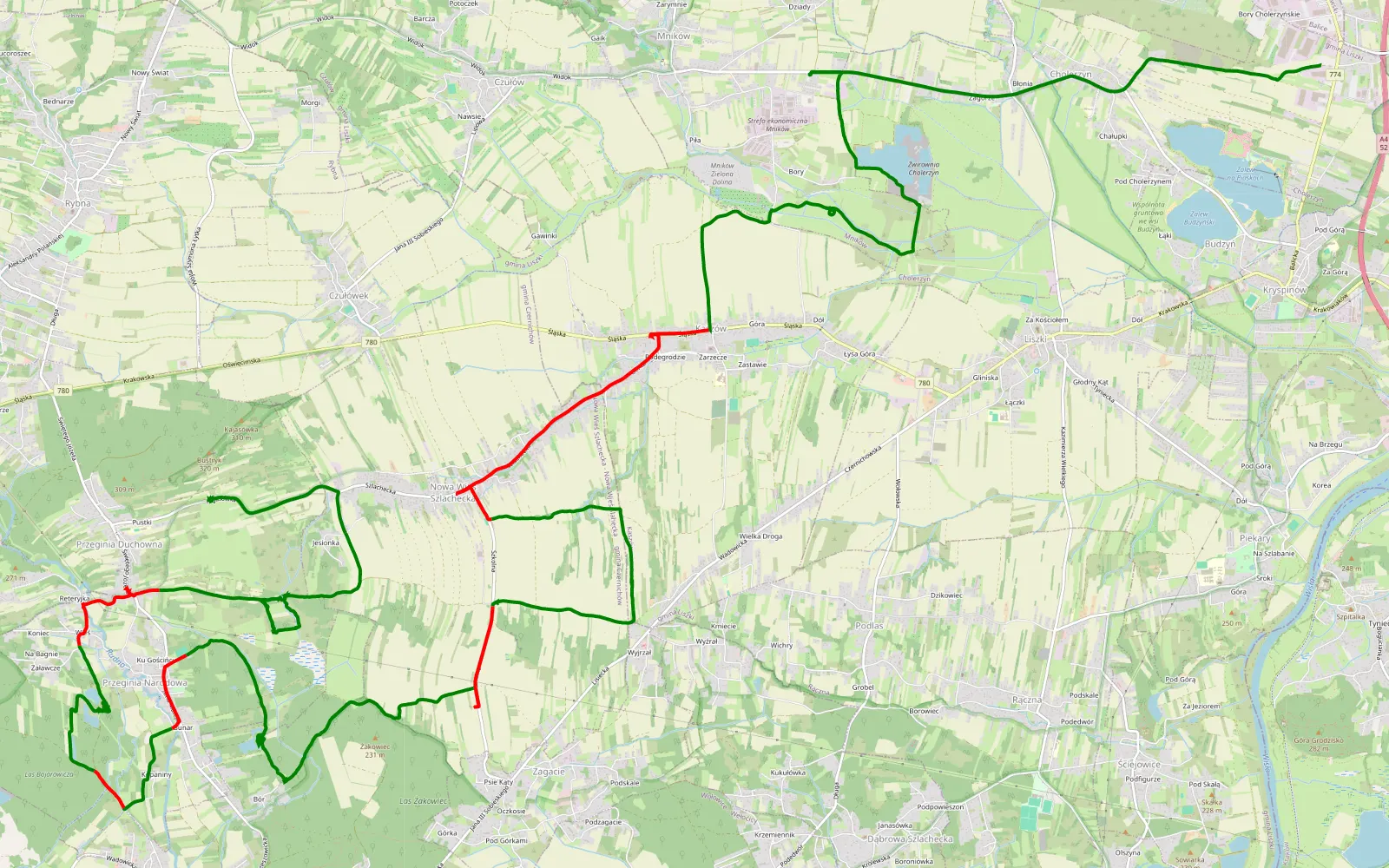 Mapa trasy Budzyń - Przeginia Duchowna - 28.3 km trasy offroad, Powiat Krakowski