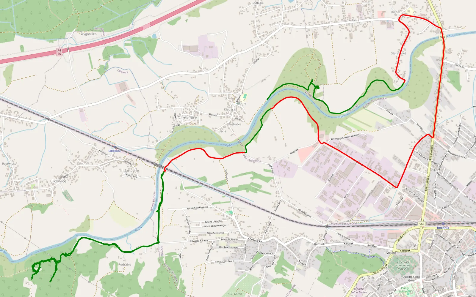 Mapa trasy Damienice - Cikowice - 17.7 km trasy offroad, Powiat Bocheński