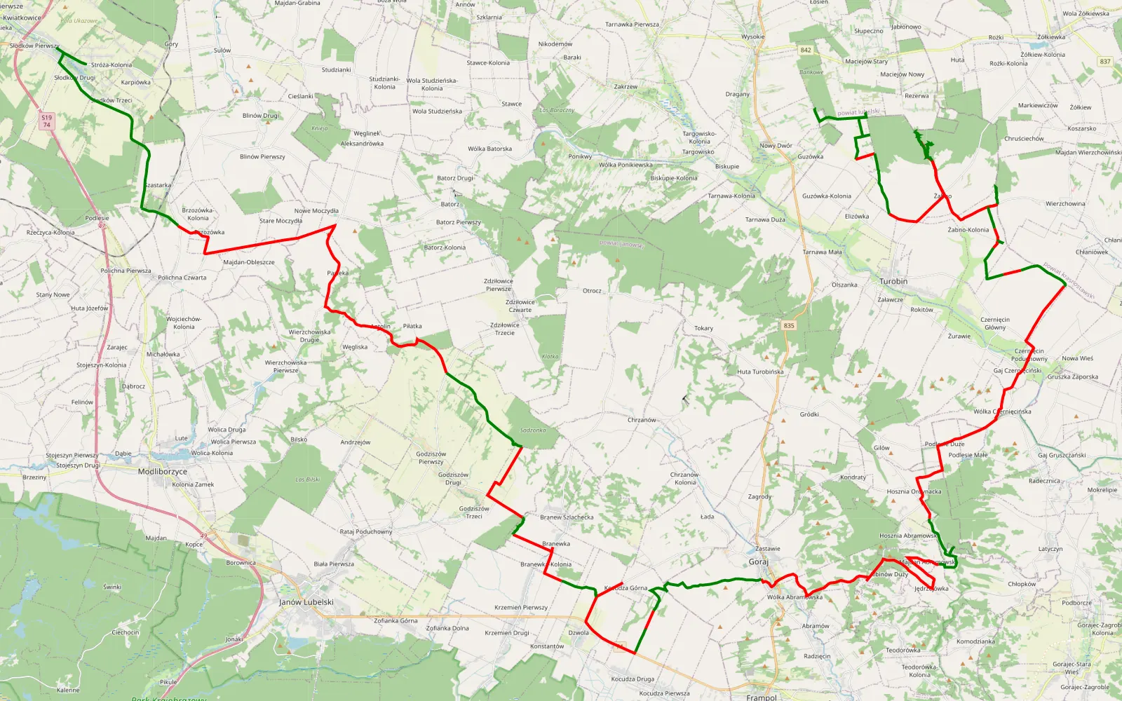 Map of Nowy Dwór - Stróża - 107.2 km offroad trail, Biłgoraj County