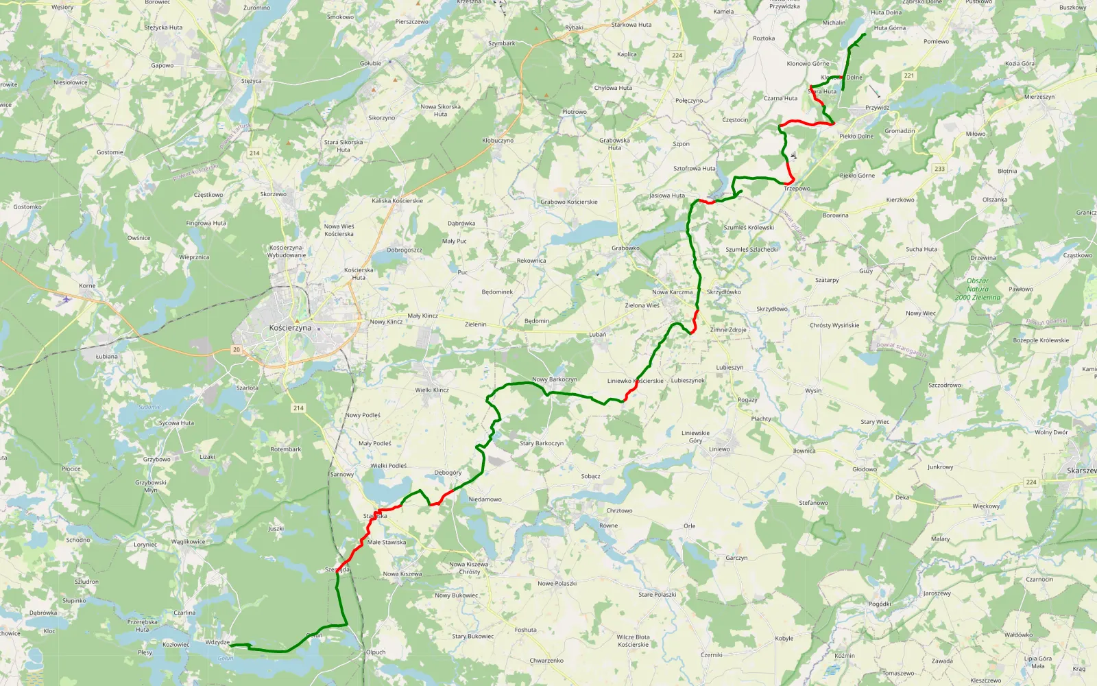Mapa trasy Wdzydze Kiszewskie - Klonowo Dolne - 47.8 km trasy offroad, Powiat Kościerski