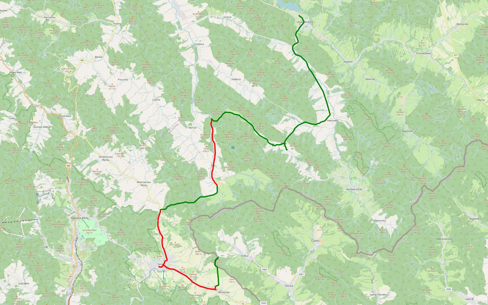 Mapa trasy Uście Gorlickie - Muszynka - 26.4 km trasy offroad, Powiat Gorlicki