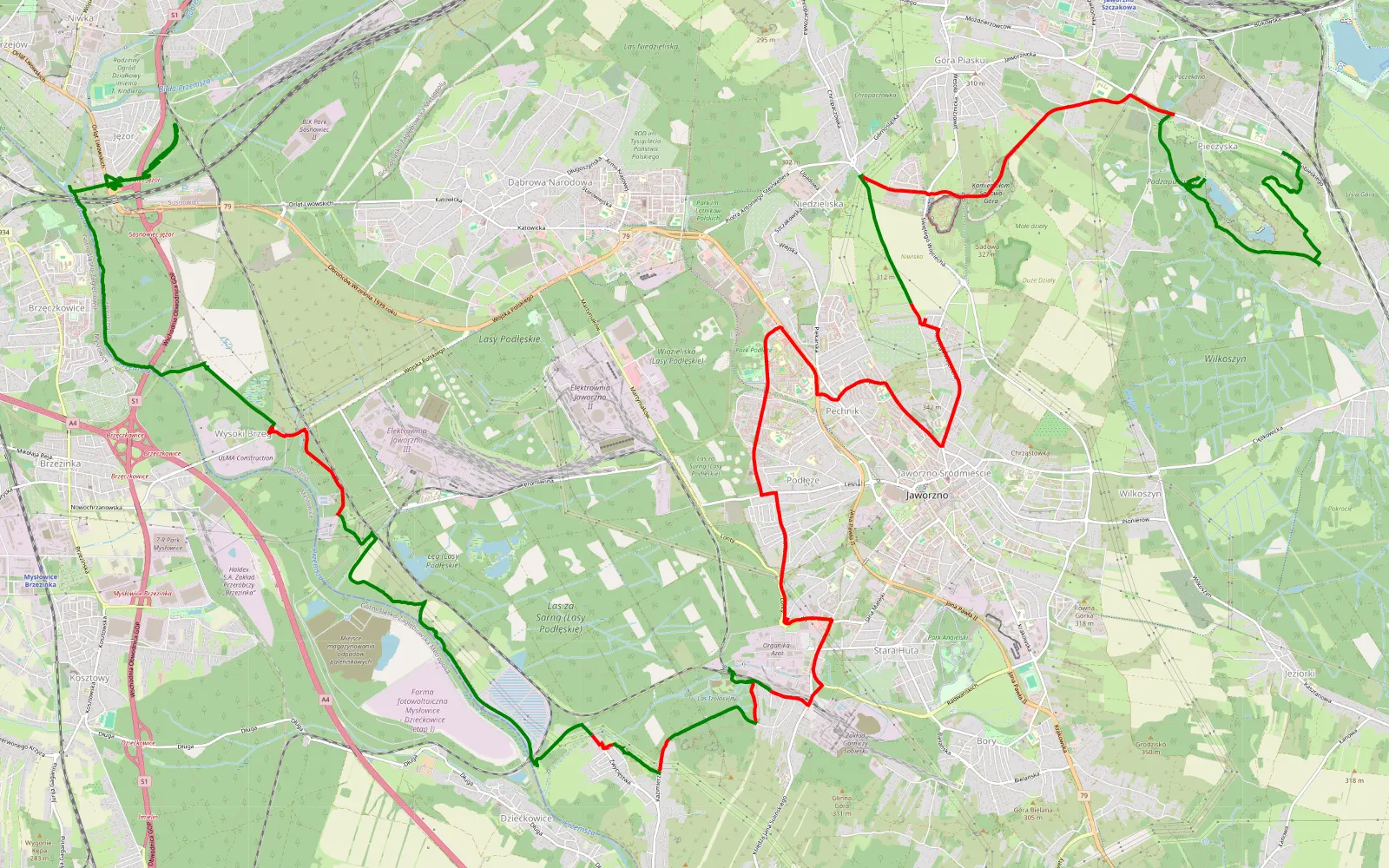 Map of Jęzor - Pieczyska - 32.6 km offroad trail, Jaworzno