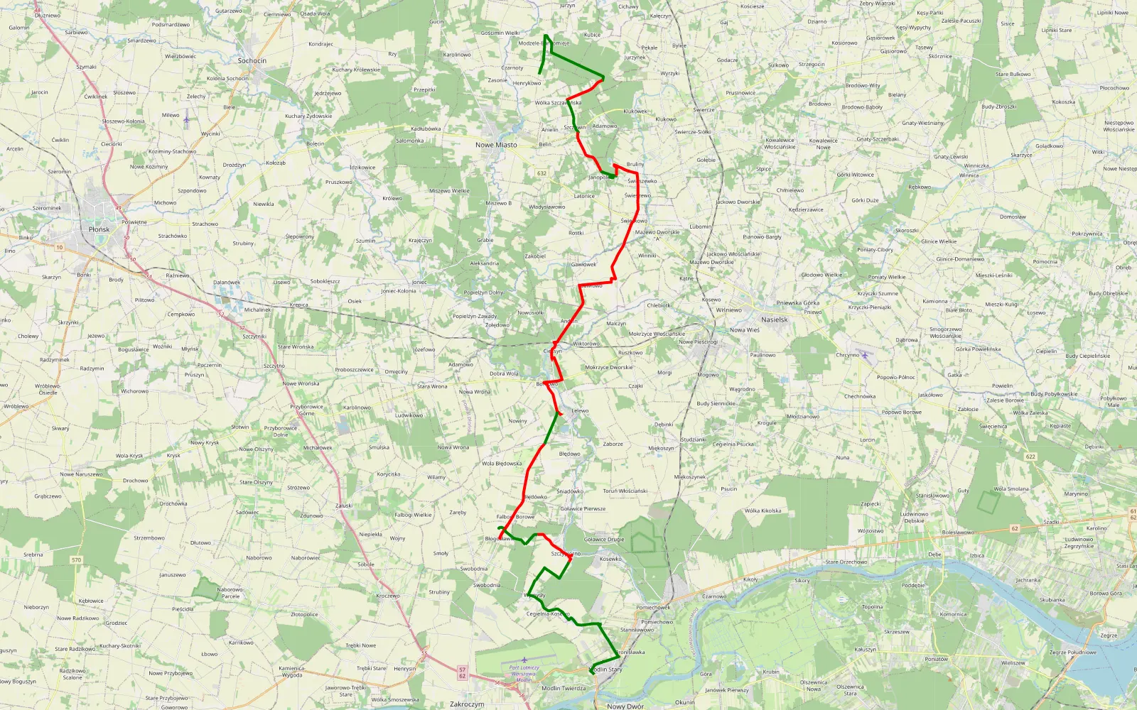 Mapa trasy Czarnoty - Modlin - 41 km trasy offroad, Powiat Nowodworski