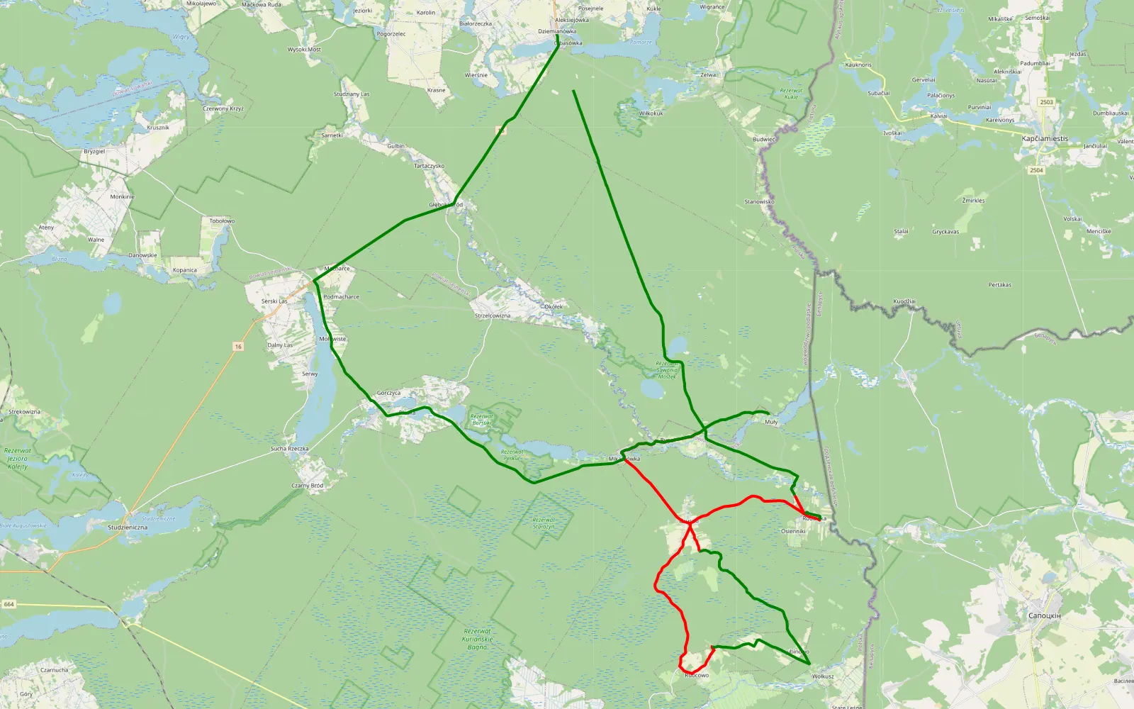 Mapa trasy Giby - 63.5 km trasy offroad, Powiat Augustowski