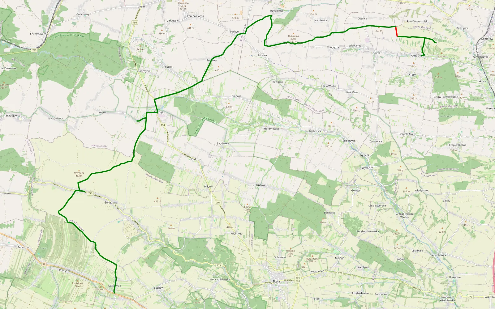 Mapa trasy Gotkowice - Rzeżuśnia - 5.8 km trasy offroad, Powiat Miechowski