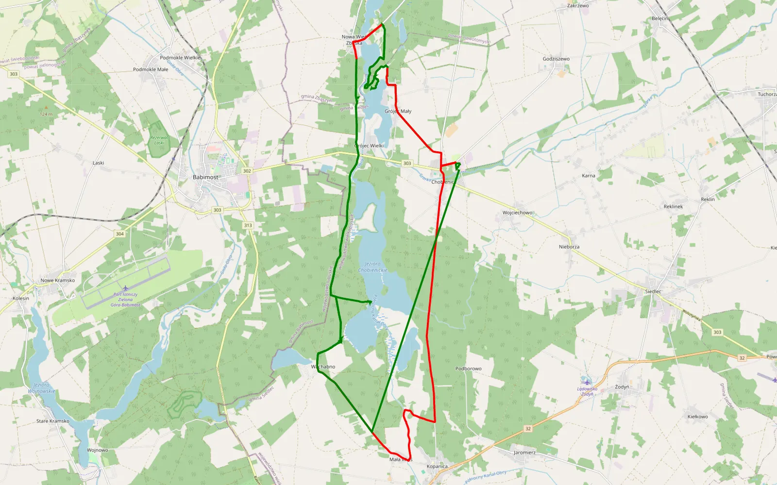Mapa trasy Chobienice - 47.8 km trasy offroad, Powiat Wolsztyński