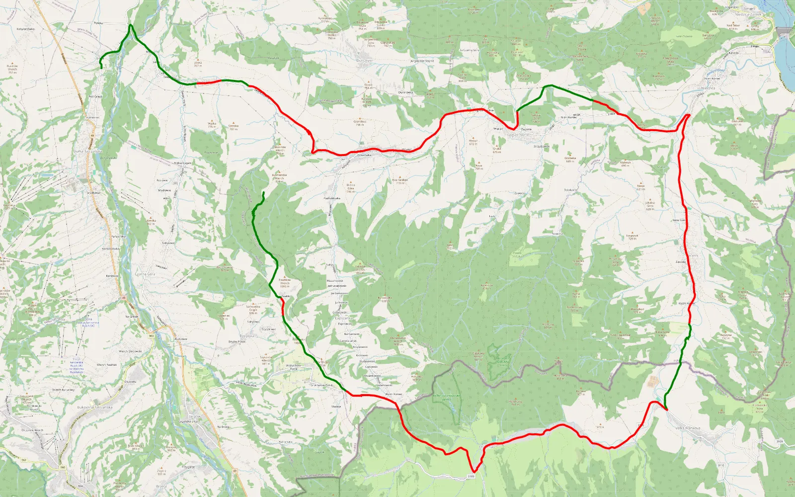 Mapa trasy Pawliki - Trybsz - 39 km trasy offroad, Powiat Nowotarski