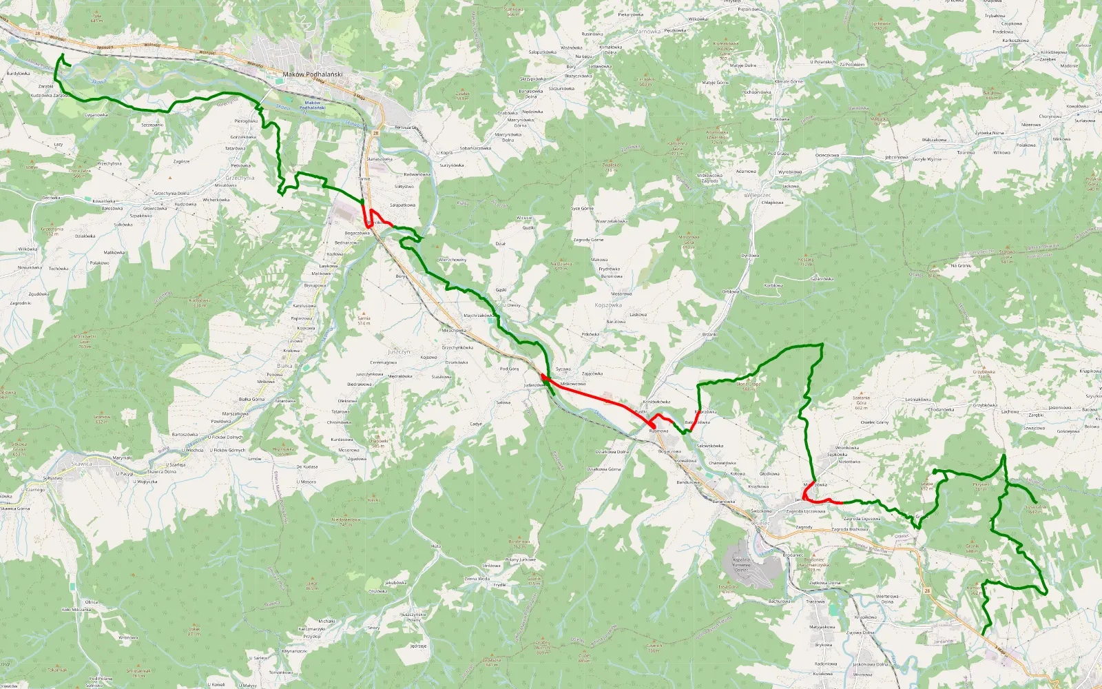 Mapa trasy Podksięże - Jordanów - 27.2 km trasy offroad, Powiat Suski