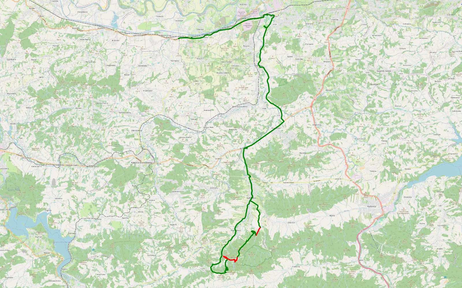Mapa trasy Sułkowice - Wielkie Drogi - 13.1 km trasy offroad, Powiat Myślenicki