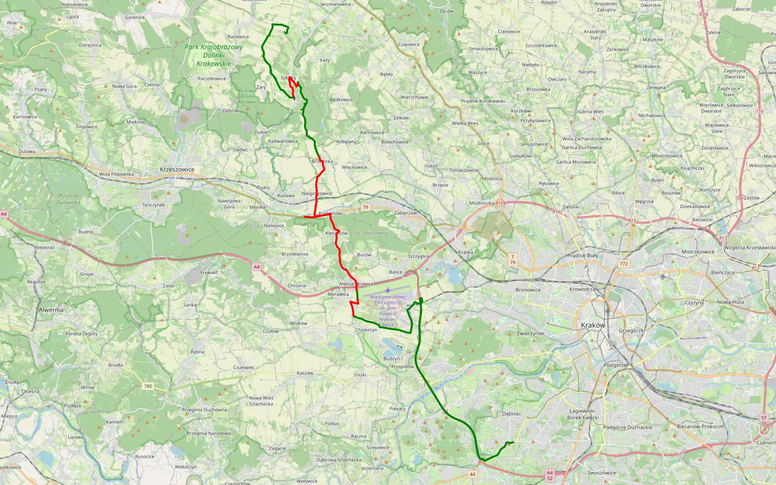 Mapa trasy Kobierzyn - Szklaryy - 35 km trasy offroad, Powiat Krakowski
