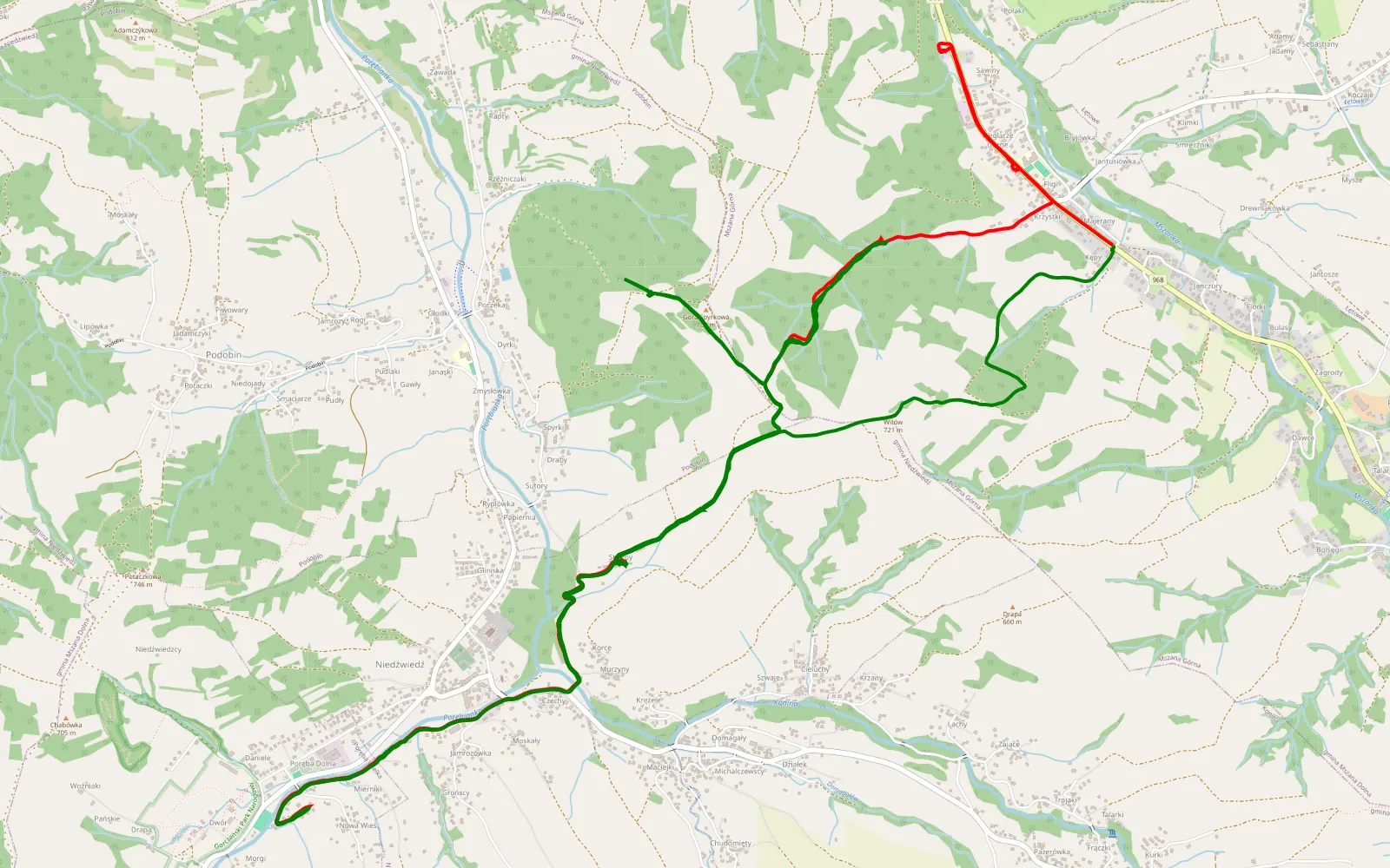 Mapa trasy Niedźwiedź - 23.4 km trasy offroad, Powiat Limanowski