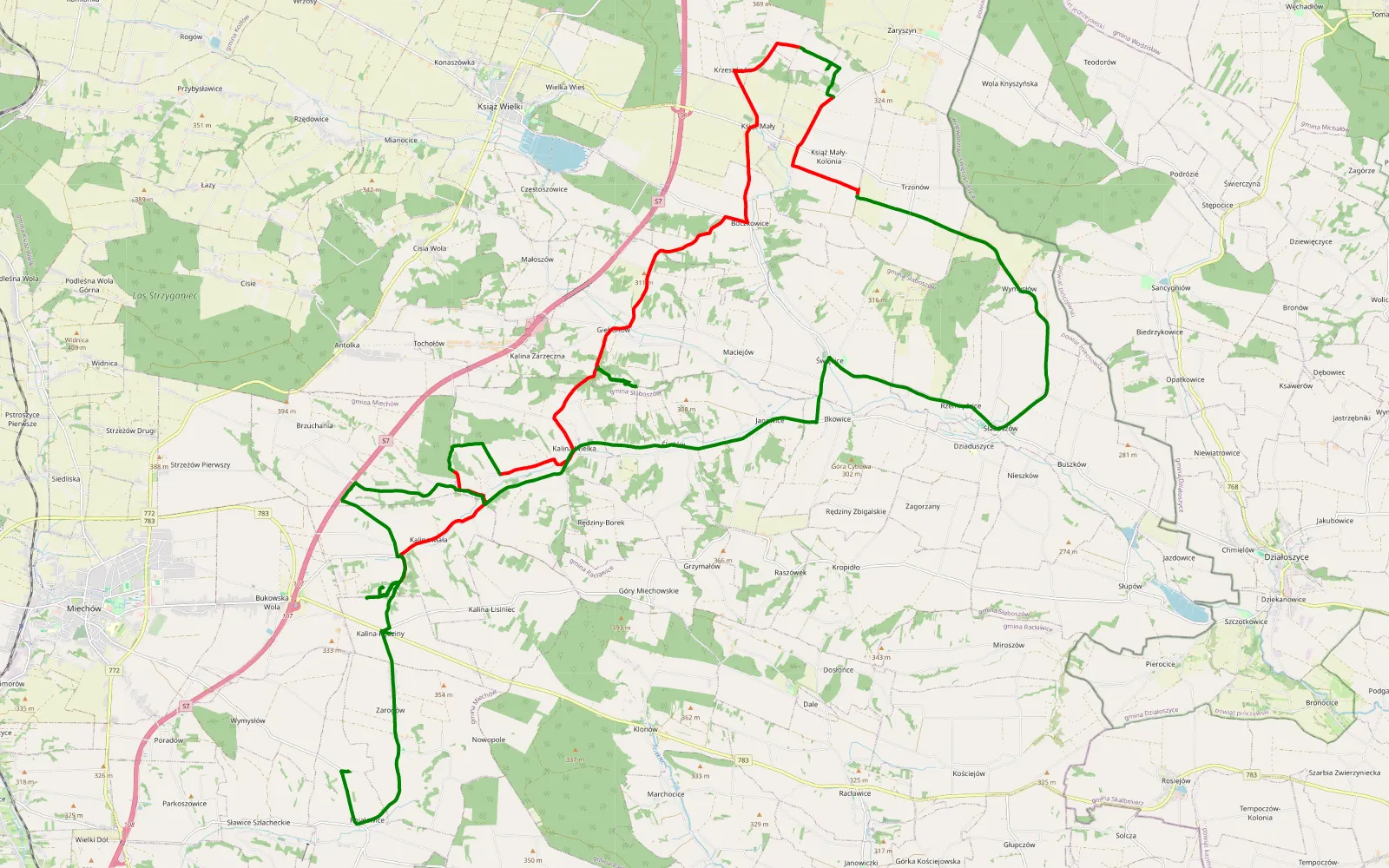 Mapa trasy Pojałowice - Kalina Rędziny - 28.5 km trasy offroad, Powiat Miechowski