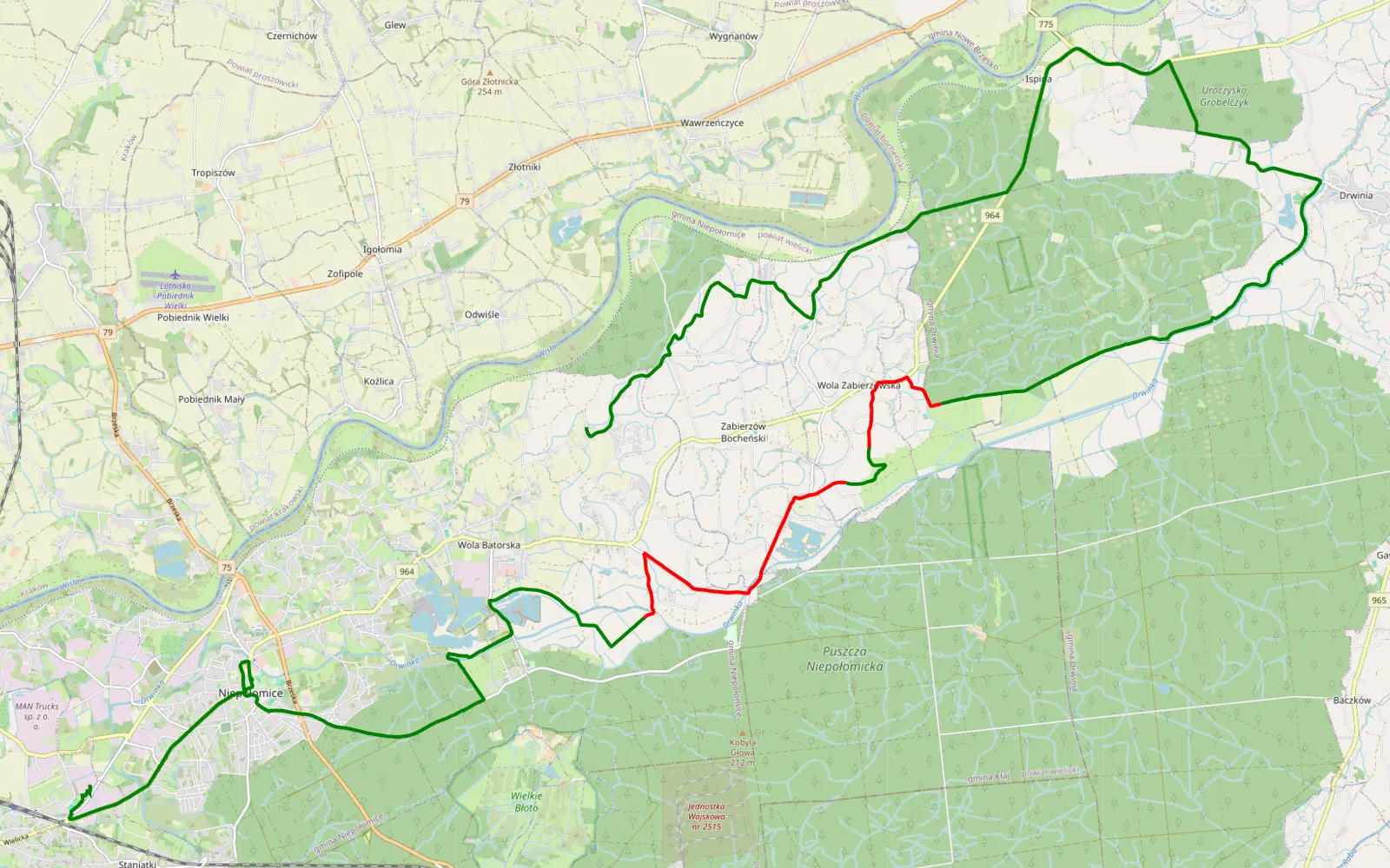 Map of Wola Batorska - Boryczów - 18.5 km offroad trail, Wieliczka County