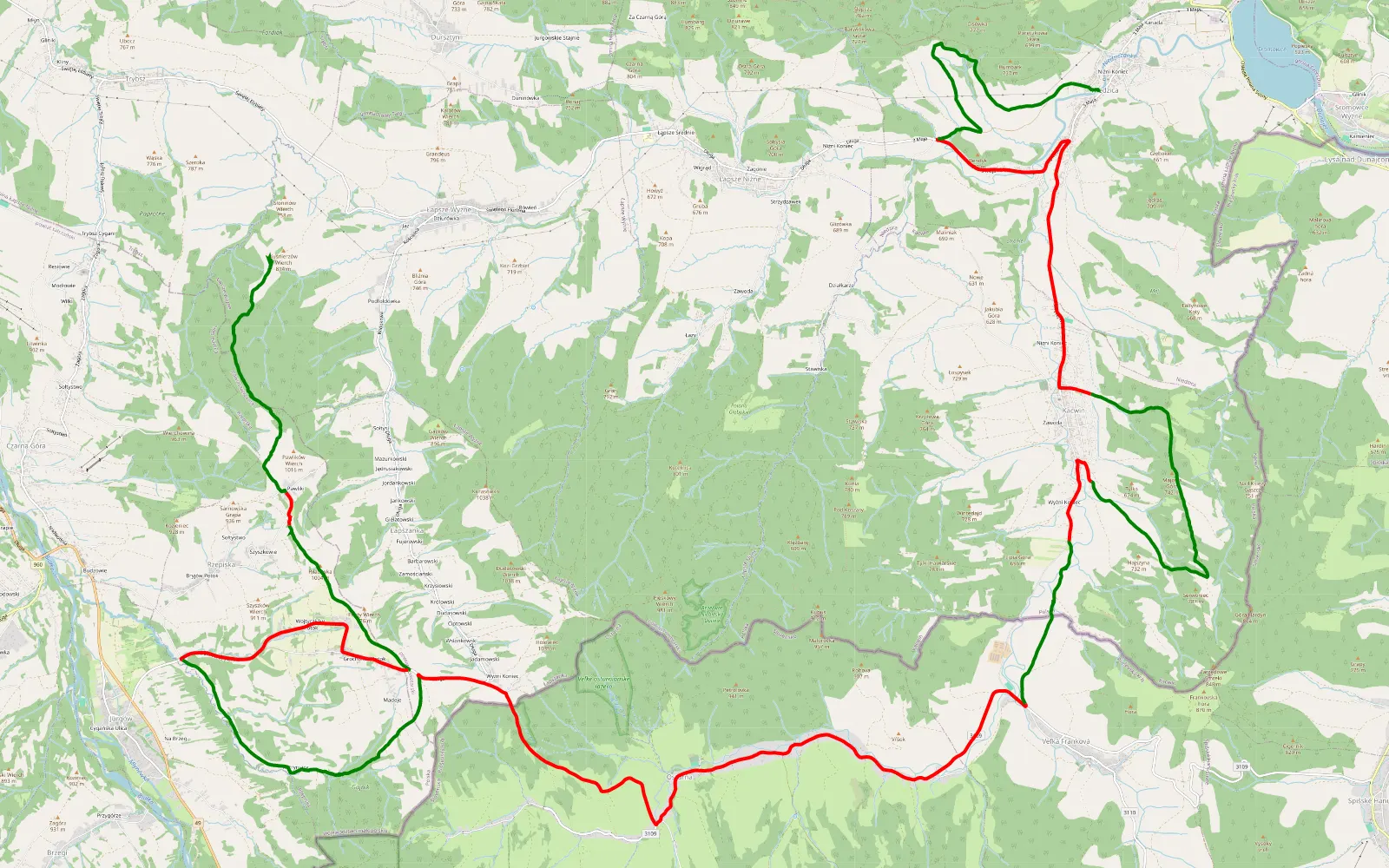Mapa trasy Łapsze Wyżne - Niedzica - 41.5 km trasy offroad, Powiat Nowotarski