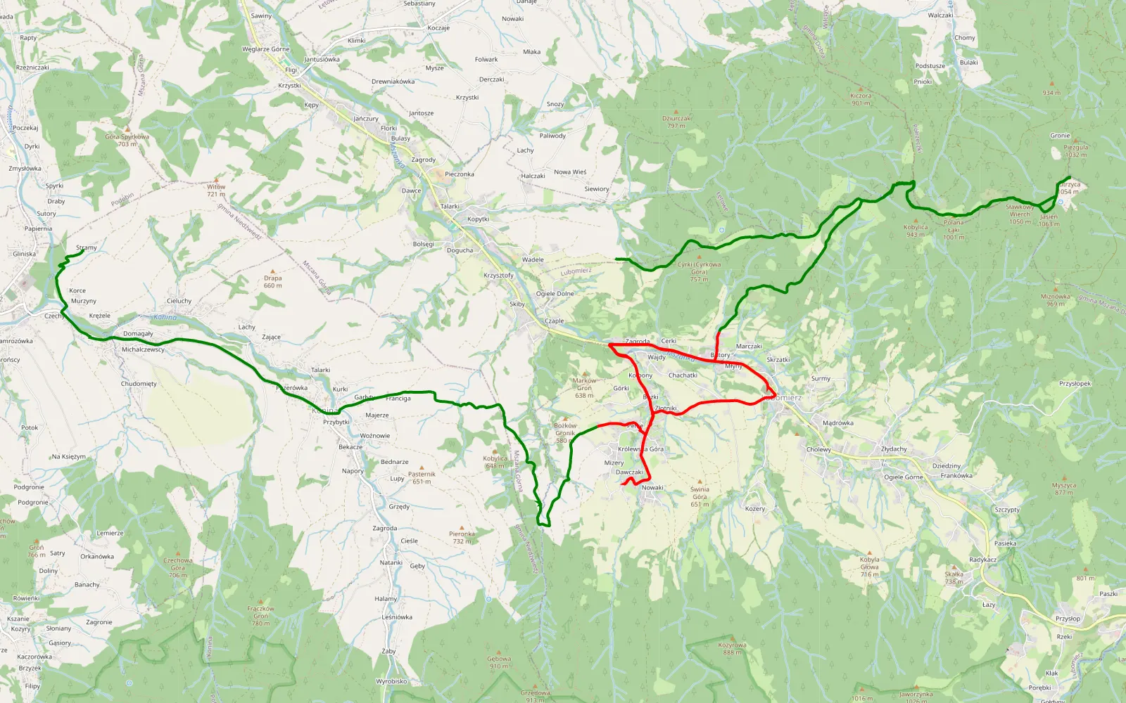 Mapa trasy Jasień - 22.9 km trasy offroad, Powiat Limanowski