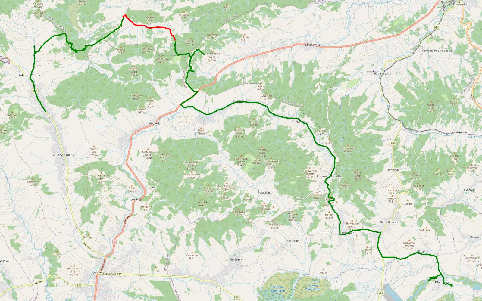Map of Zubrzyca Górna - Długopole - 18.3 km offroad trail, Nowy Targ County