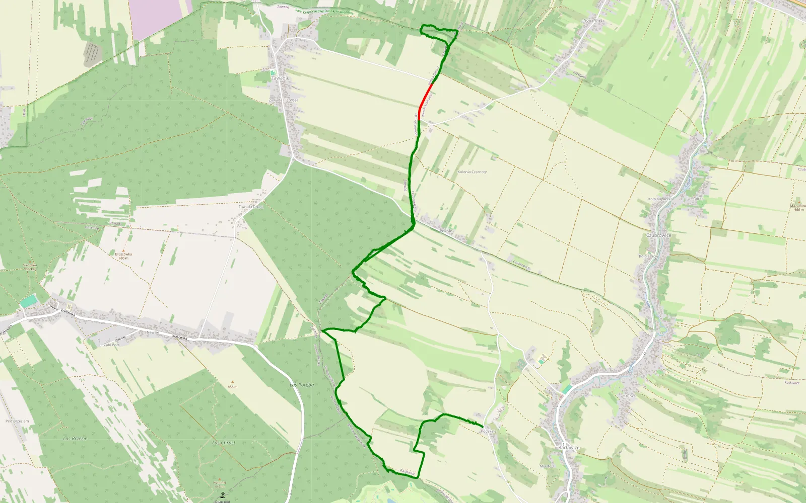 Mapa trasy Zawada - Racławice - 11 km trasy offroad, Powiat Krakowski