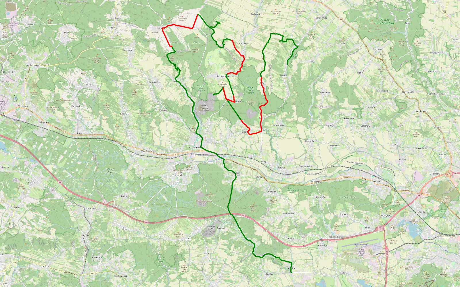 Mapa trasy Szklary - Mników - 39 km trasy offroad, Powiat Krakowski
