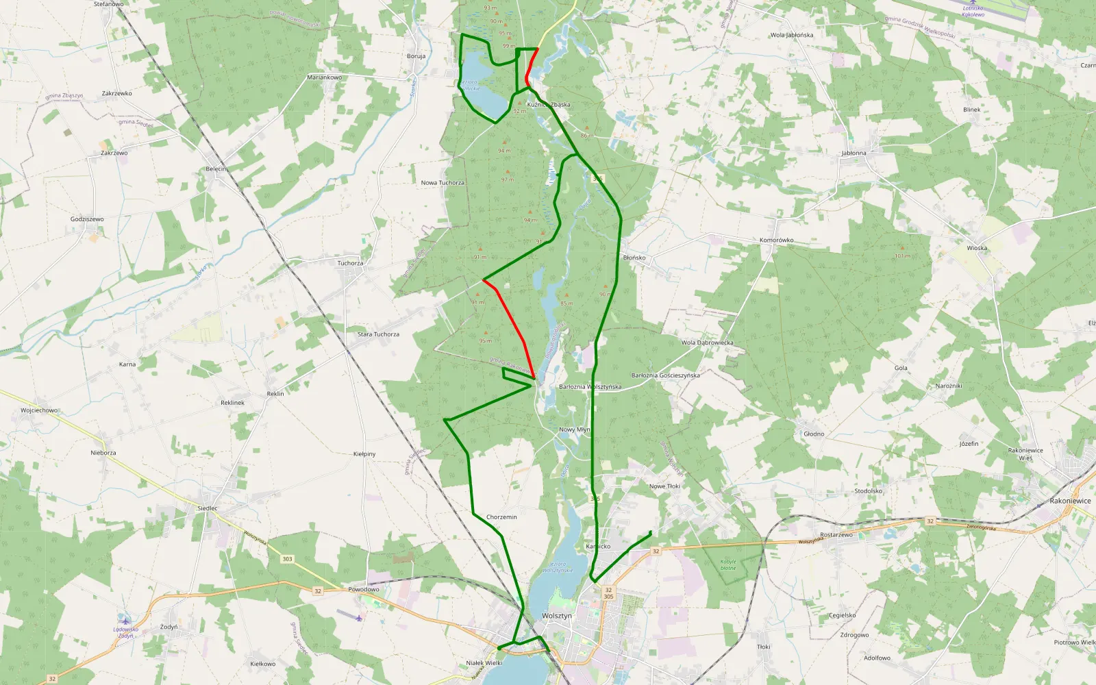 Mapa trasy Wolsztyn - Tłoki Nowe - 23.1 km trasy offroad, Powiat Grodziski
