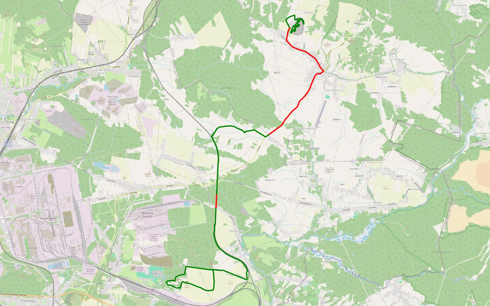Mapa trasy Chechło - Młynek - 25.3 km trasy offroad, Dąbrowa Górnicza
