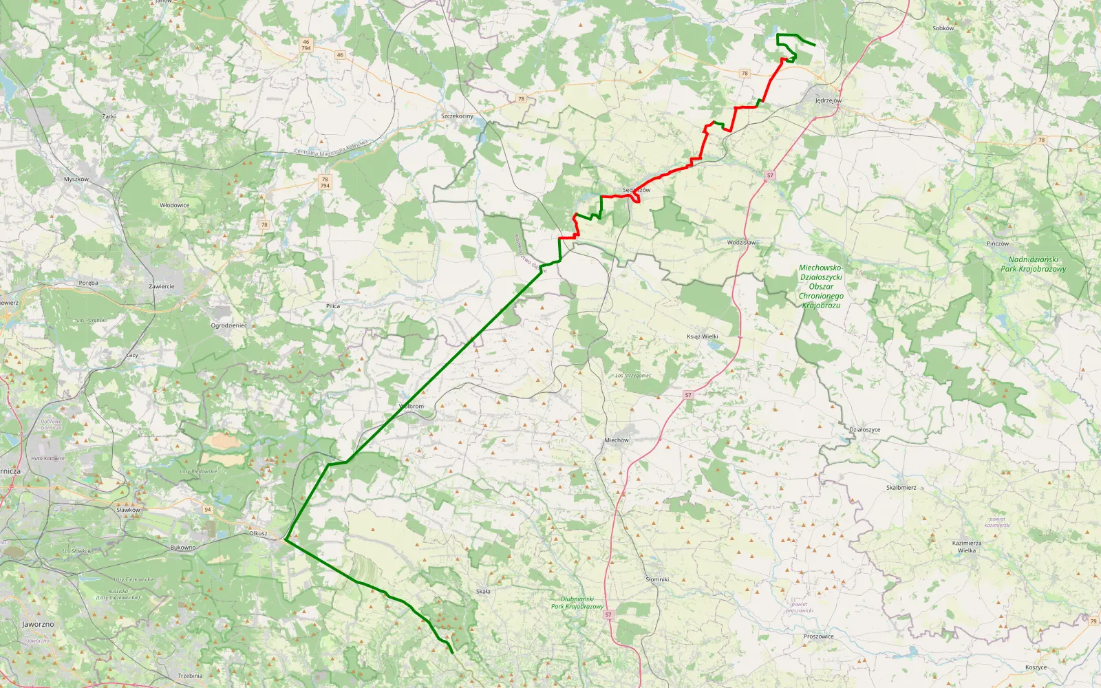 Map of Wierzchowie - Przeginia - 45.7 km offroad trail, Jędrzejów County
