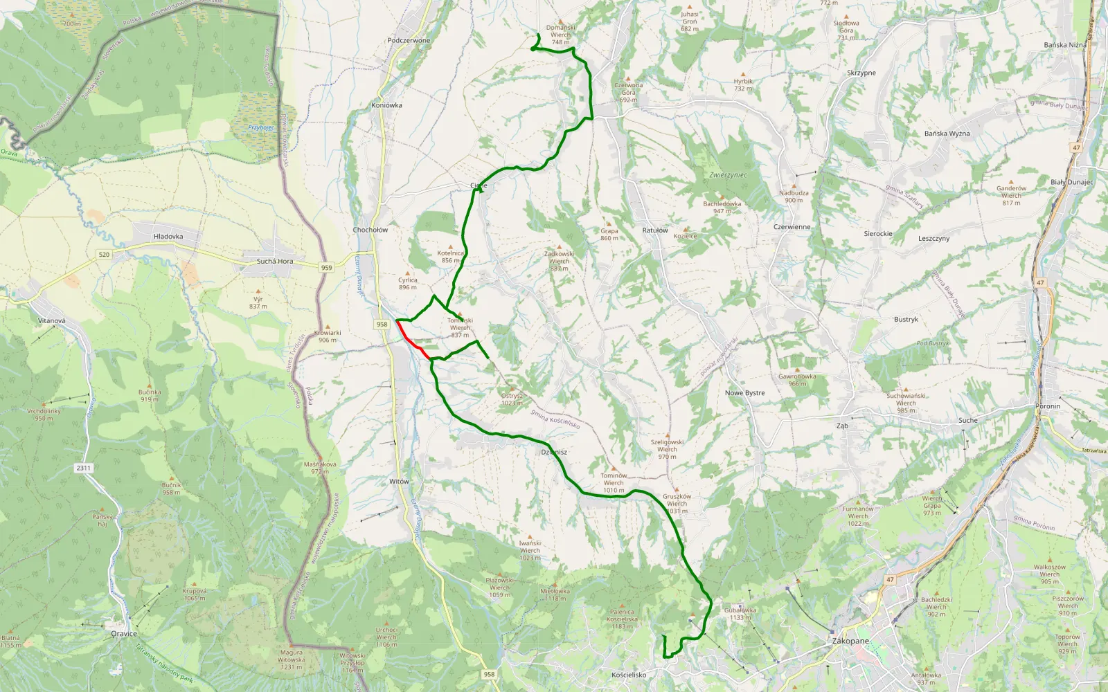 Map of Miętustwo - Kościelisko - 8.2 km offroad trail, Nowy Targ County