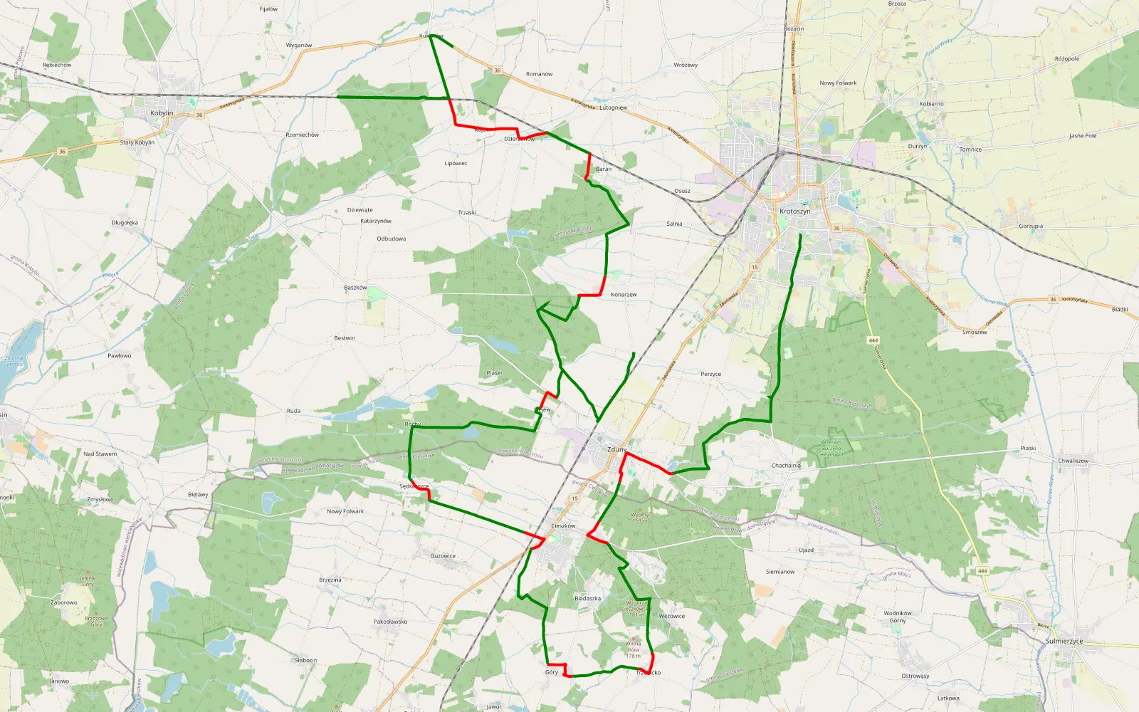 Mapa trasy Krotoszyn - Kuklinów - 50.6 km trasy offroad, Powiat Krotoszyński
