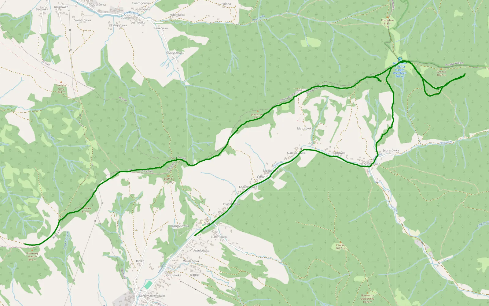 Map of Klikuszowa - Obidowa - 8.8 km offroad trail, Nowy Targ County