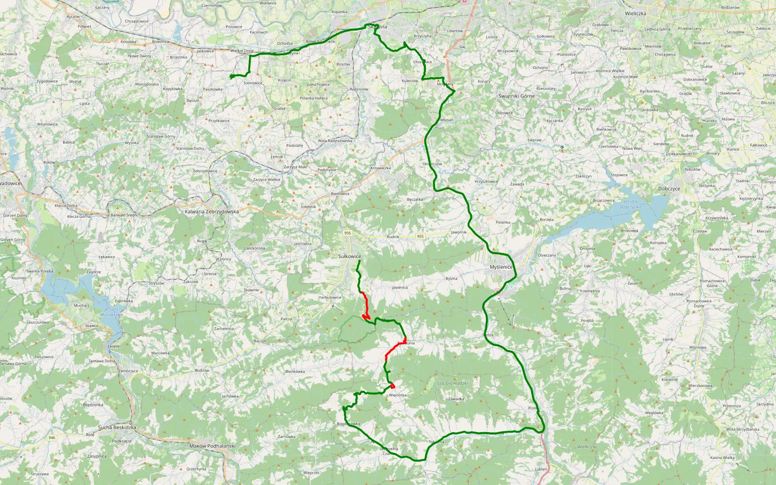 Mapa trasy Sułkowice - Pobiedr - 17.8 km trasy offroad, Powiat Myślenicki