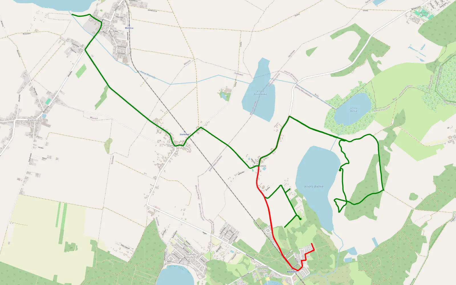 Mapa trasy Boszkowo - Błotnica - 12.5 km trasy offroad, Powiat Leszczyński