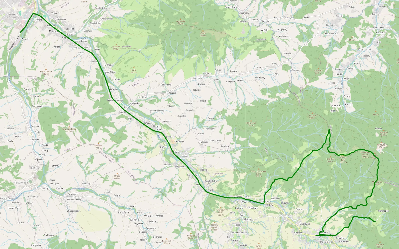Mapa trasy Jasien - 8.9 km trasy offroad, Powiat Limanowski