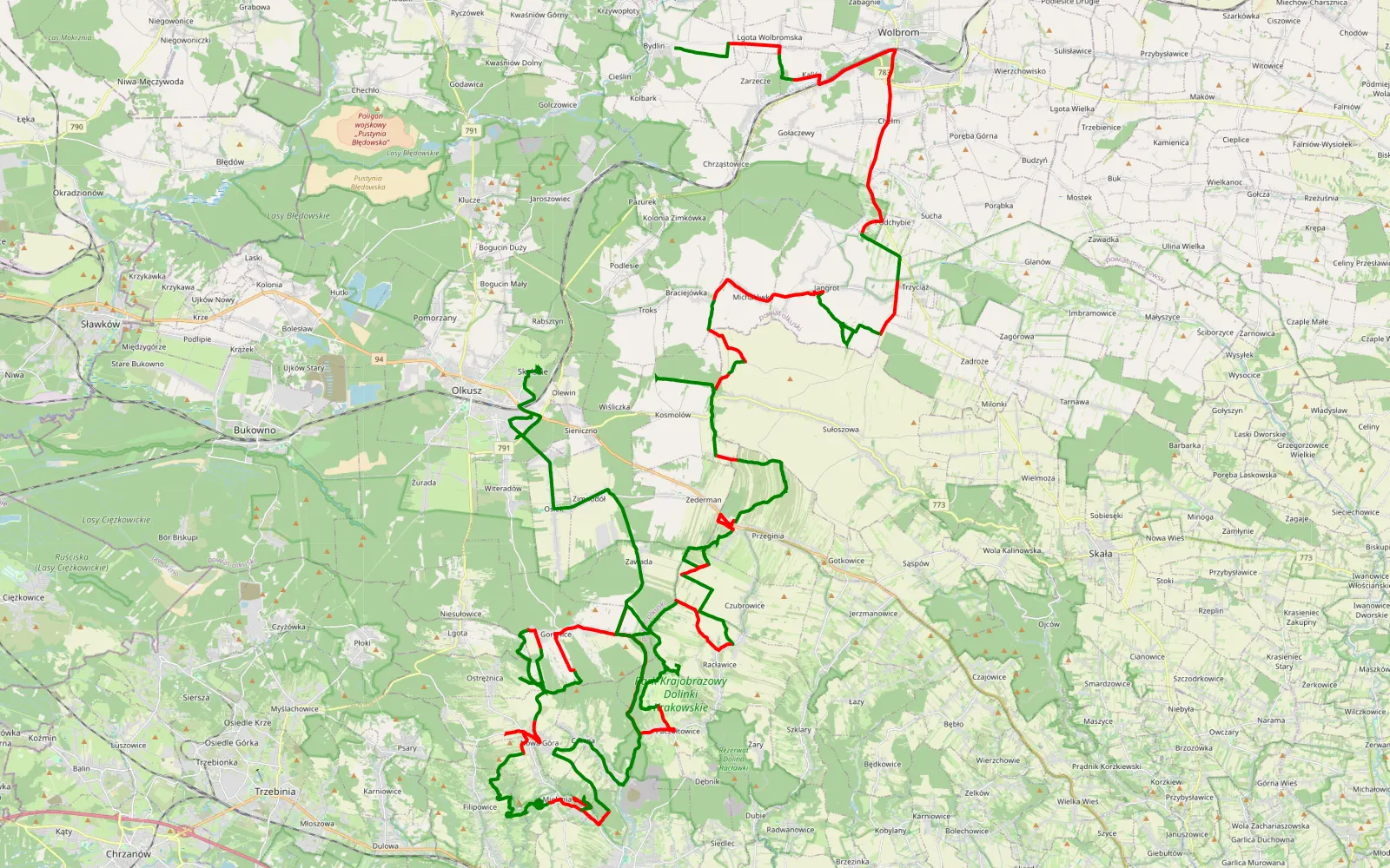 Map of Bydlin Miękinia- Olkusz - 109.8 km offroad trail, Kraków County
