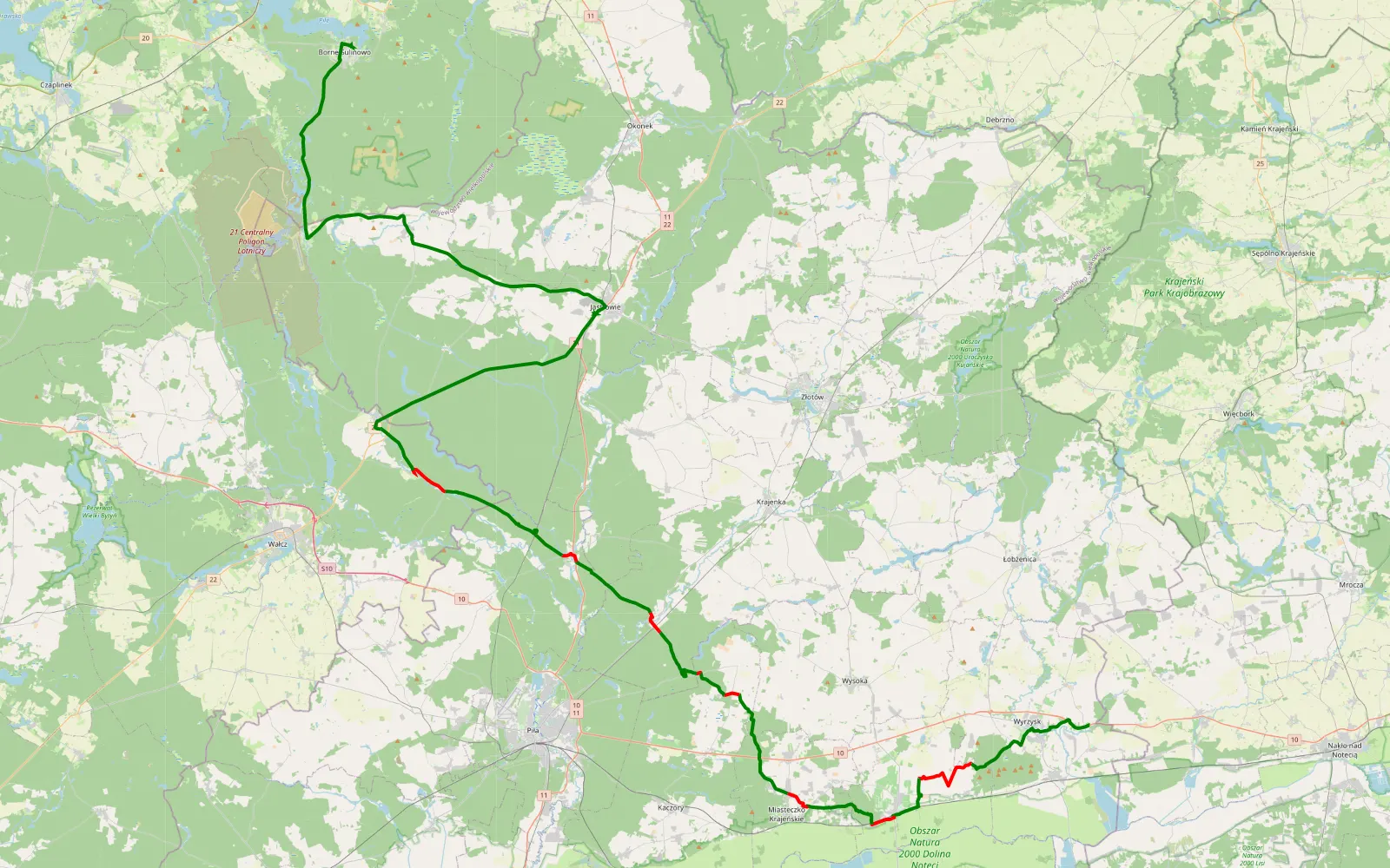 Map of Ruda - Borne Sulinowo - 68.1 km offroad trail, Piła County