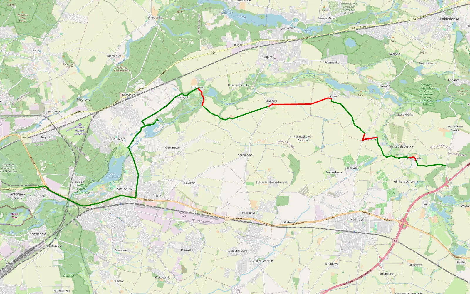 Mapa trasy Antoninek-Zieliniec-Kobylepole - Glinka - 19.9 km trasy offroad, Powiat Poznański