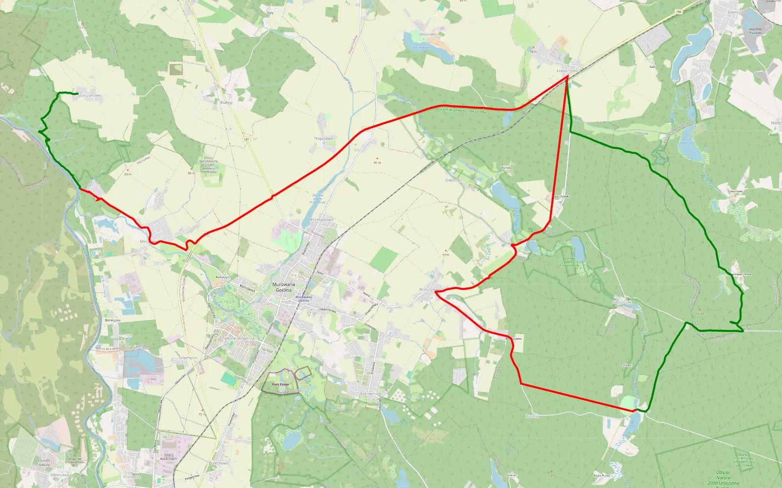 Map of Łopuchowo - Starczanowo - 34.6 km offroad trail, Poznań County