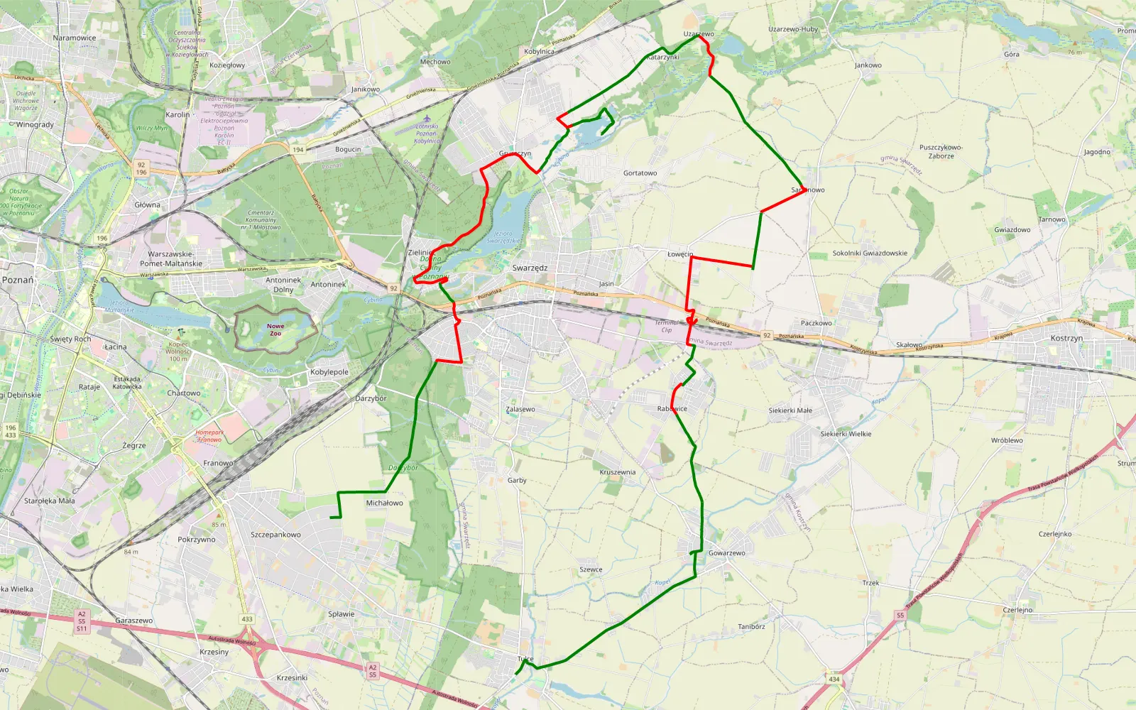 Map of Szczepankowo-Spławie-Krzesinki - Tulce - 30.6 km offroad trail, Poznań County