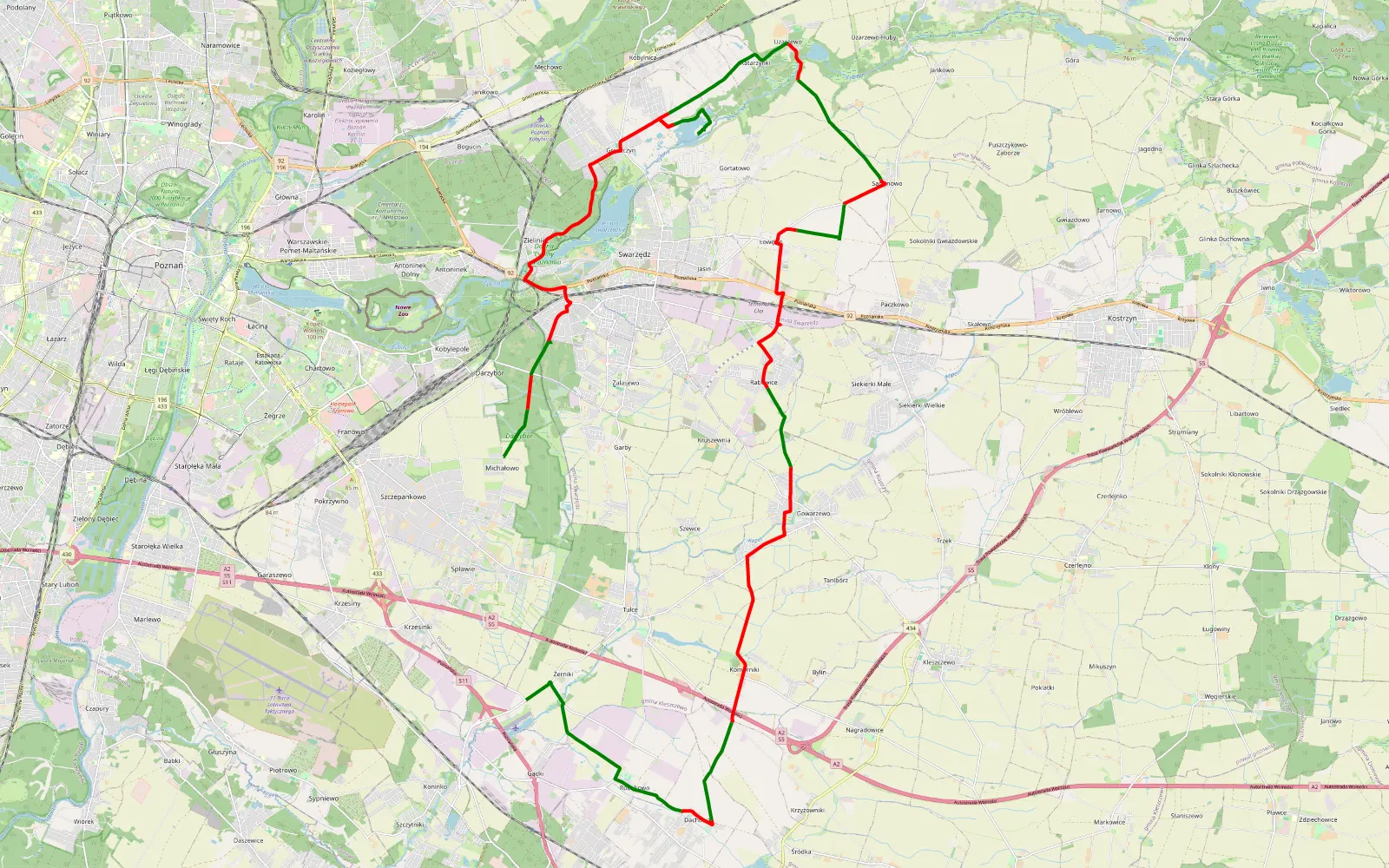 Map of Szczepankowo-Spławie-Krzesinki - Gądki - 39.5 km offroad trail, Poznań County